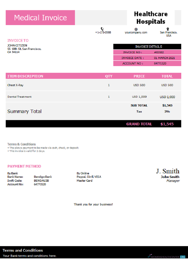 Download USA Healthcare Hospitals invoice Photoshop template